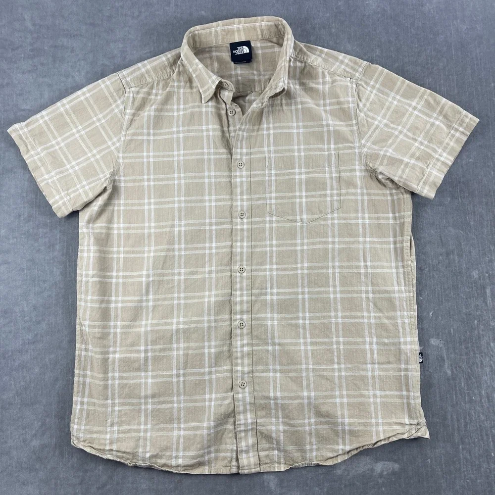 The North Face Mens Large Tan Plaid Short Sleeve Button Down Shirt Casual